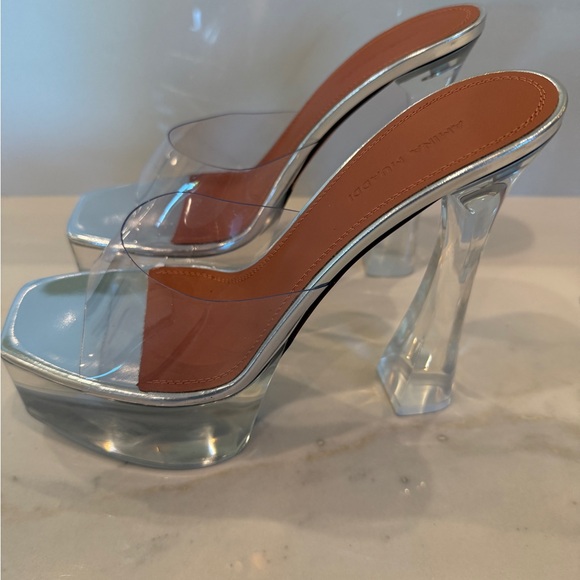 Amina Muaddi Lucite Silver Platform Heels - Picture 7 of 12